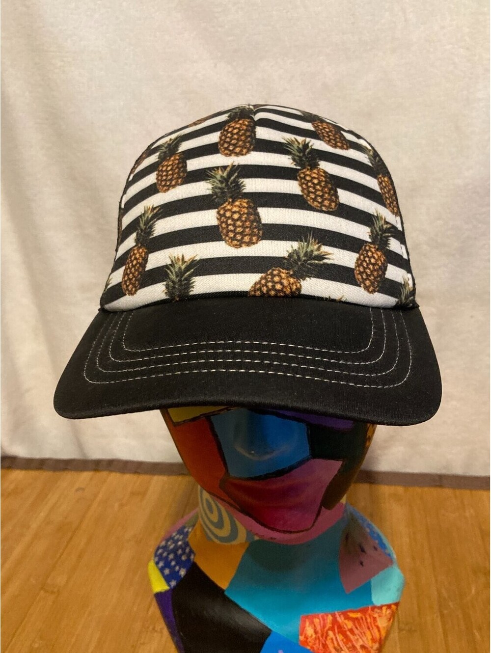 No Boundaries NB163 Pineapple Print Striped Trucker Hat Black White Multicolor